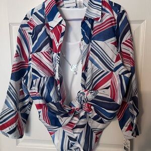 Alfred Dunner Red Blue White Geometric Button Down Shirt